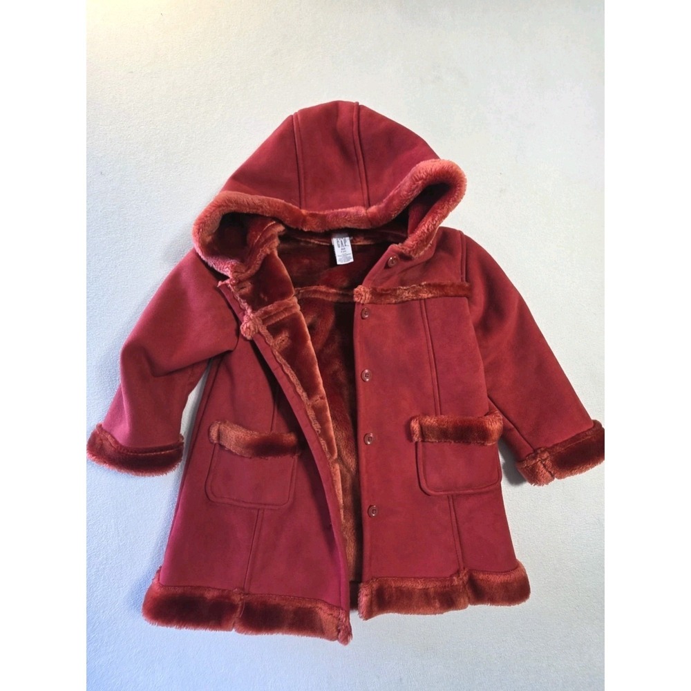 Baby Gap Girls 4 Years 4XL Red Faux Suede Shearling Hooded Winter Coat Y2K